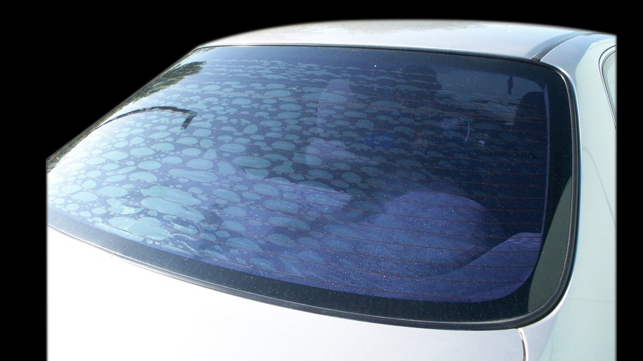 car back glass that has old tint that is bubbling up and has turned purple